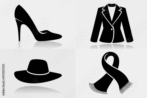 Fashion Ensemble: A sleek and stylized monochromatic illustration featuring a curated selection of chic apparel, comprising a high-heeled shoe, a tailored blazer, a stylish hat, and an elegant scarf.