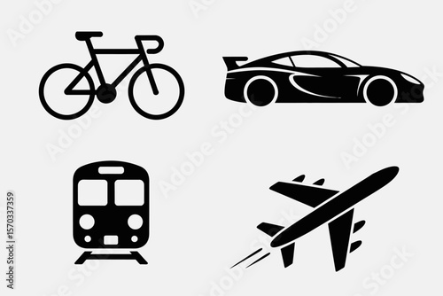 Transportation Icons: An array of transportation icons including a bicycle, car, train, and airplane, illustrating diverse modes of transport in minimalist design.