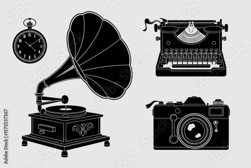 Vintage Collection: A nostalgic collection of iconic vintage objects including a pocket watch, a gramophone, a typewriter, and a camera, all rendered in a classic black and grey color scheme.