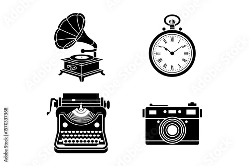 Vintage Technology Icons: A collection of four monochrome icons depicting classic vintage technologies: gramophone, pocket watch, typewriter, and camera.