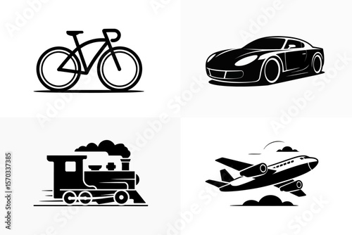 Transportation icons: A minimalist collection showcasing four primary modes of transportation: bicycle, car, train and airplane. Illustrating the essence of mobility and travel