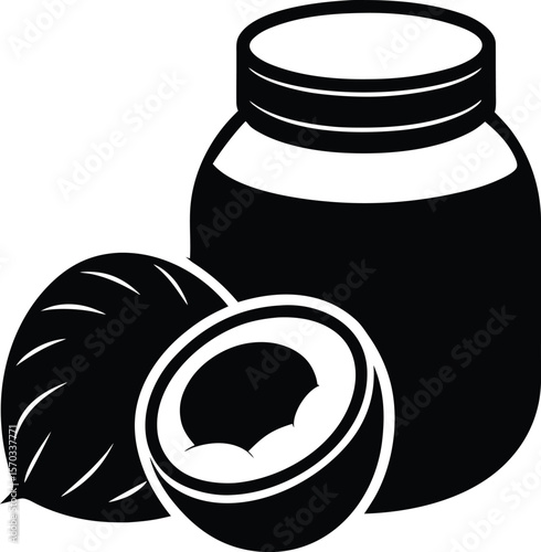 Glass Jar of Coconut Oil and Fresh Coconut Halve Vector Illustration for Natural and Organic Product Design