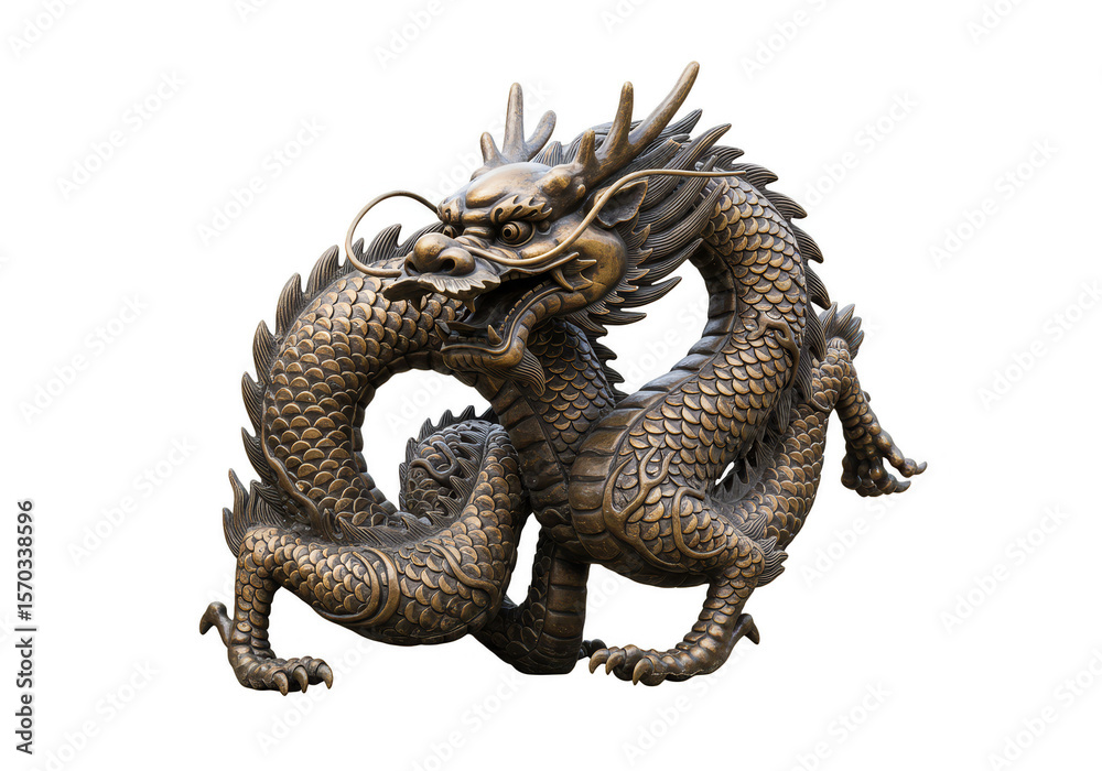Obraz premium Isolated Golden Chinese Dragon Sculpture Ancient Mythical Creature Art