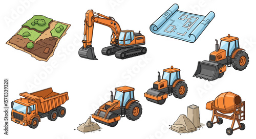 Illustration of construction site with excavator blueprint and various construction vehicles present here