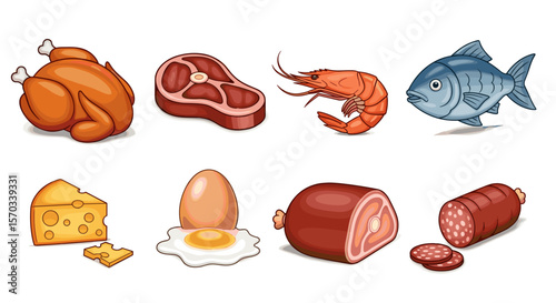 Illustration of various protein sources featuring chicken steak shrimp fish cheese egg and sausage items
