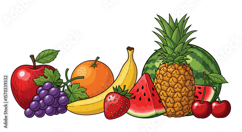 Illustration of a colorful assortment of fruits including apple grapes and pineapple in a group shot