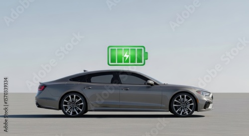 Electric Car Charging: A sleek, silver electric car charges up with a full battery symbol floating above it, symbolizing sustainable transportation and the future of mobility.