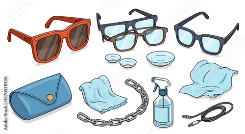 Illustration showing a collection of eyewear accessories and cleaning supplies arranged on a white surface