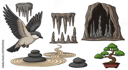 Illustration of a bird flying near stalactites cave zen garden and bonsai tree elements on white backdrop