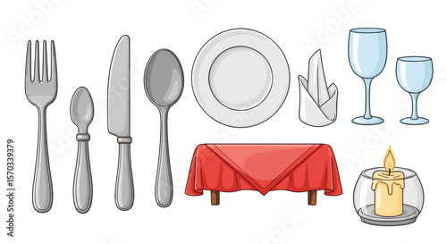 Cutlery set with plate, fork, knife, spoon, and napkin for restaurant or dining table setup