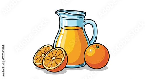 Orange juice pitcher with fresh sliced oranges and whole fruit for breakfast and drink themes