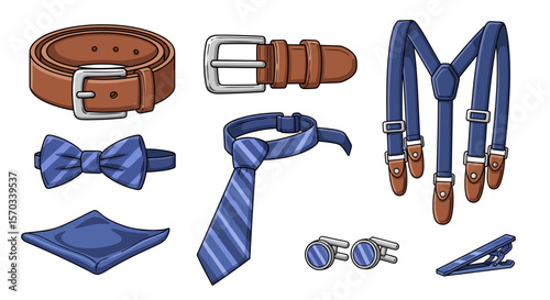 Illustration of a collection of men's accessories including belts ties and suspenders in a neat arrangement