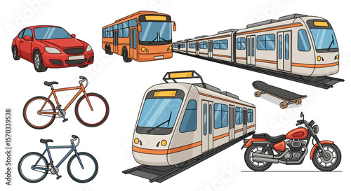 Illustration showcasing various modes of transportation including a car bus train bicycle motorcycle and skateboard