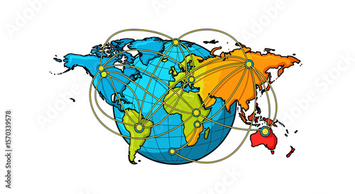 Illustration of a world globe with interconnected lines representing global network connections and continents