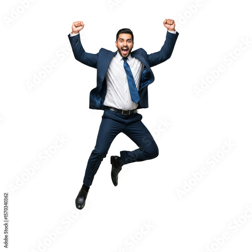 Jubilant Man in Suit Jumping Isolated Transparent Background Celebration