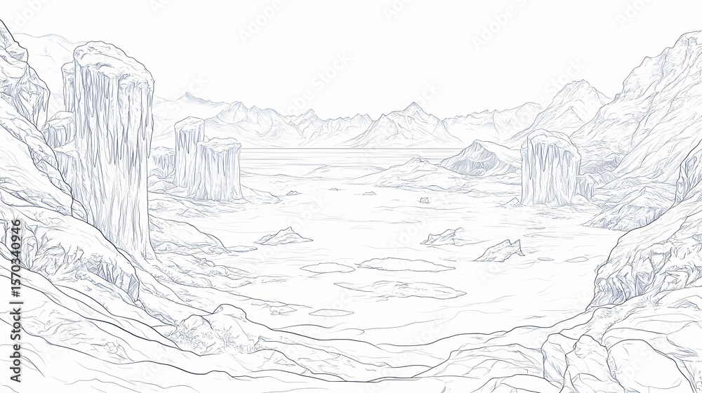 Fototapeta premium Detailed line drawing of a fantasy icy landscape.