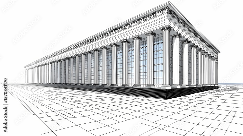 Obraz premium Architectural drawing of a large colonnaded building.