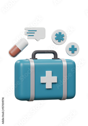 Medical 3d First Aid Kit for Emergency Healthcare on Transparent BG