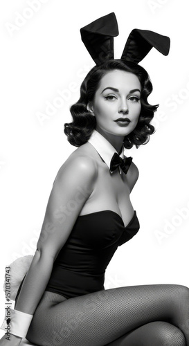 Isolated Playboy Bunny Girl in Black and White Fashion Portrait