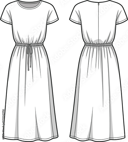 Casual short sleeve drawstring waist midi dress with back zipper, cad drawing flat vector illustration fashion template design