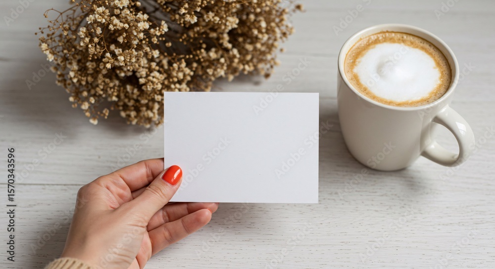 Obraz premium Hand holding blank card with coffee and dried flowers on wooden surface mockup