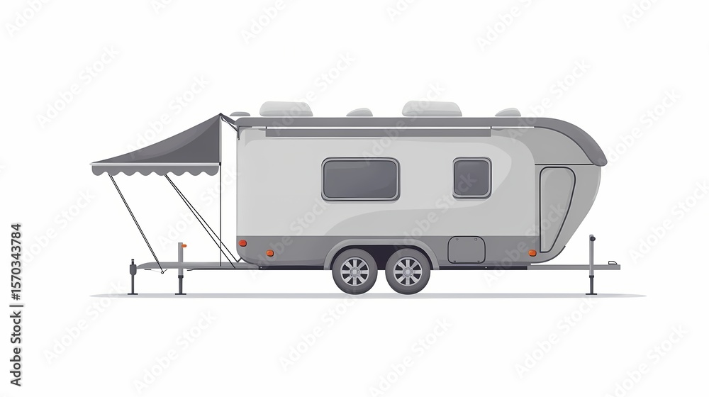Naklejka premium Side view of a light gray recreational vehicle with a dark gray awning.