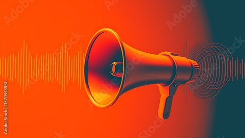 Vintage megaphone with abstract sound wave visualization in orange and blue duotone, symbolizing modern communication.