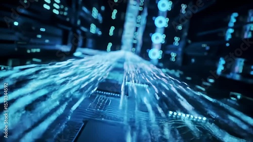 Dynamic Visualization of Data Flow Through Digital Circuitry in Futuristic Blue Tones