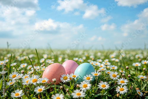 Pastel eggs in a daisy field under dreamy sky