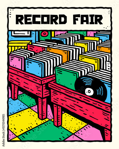 vinyl record fair poster, vibrant illustration depicting stacks of vinyl records in wooden shelves at a record fair Colorful and retro styled artwork