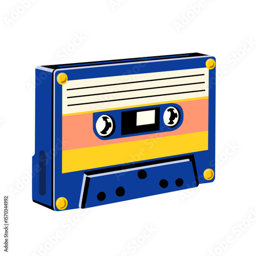 A vibrant blue cassette tape with orange and yellow stripes a retro styled illustration