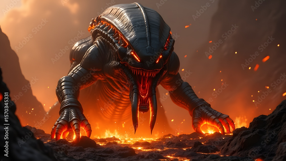 Fototapeta premium Armored Alien Beast Emerging from Lava Crater