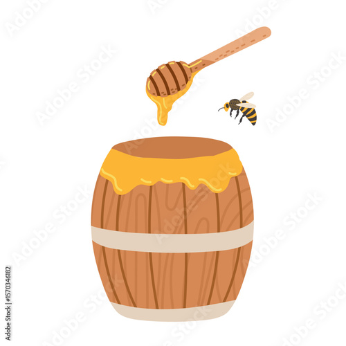 Honey drips from a wooden spoon into a barrel with a bee buzzing nearby