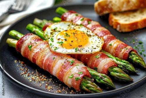 Baked asparagus wrapped in Parma ham served with egg, toast, and garnish Plate ham
