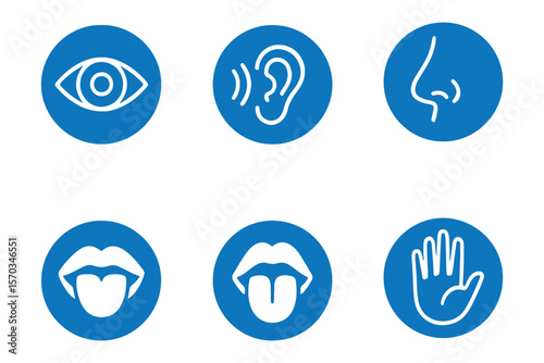 Human senses icon set. Vision eye, smell nose, hearing ear, touch hand, taste mouth with tongue. Simple line icons in circle. Five senses of human nervous system. set of five senses icon
