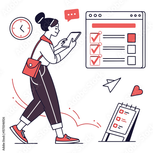 Woman Walking with Tablet and Checklist, Red and White Illustration