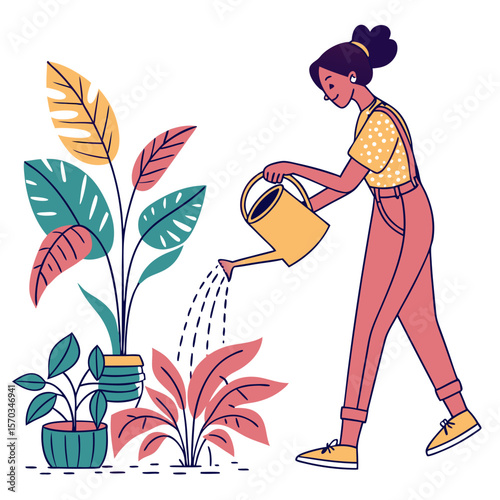 Woman Watering Houseplants in Colorful Illustration