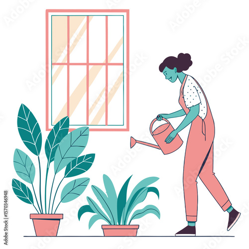 Woman Watering Indoor Plants in a Bright Room