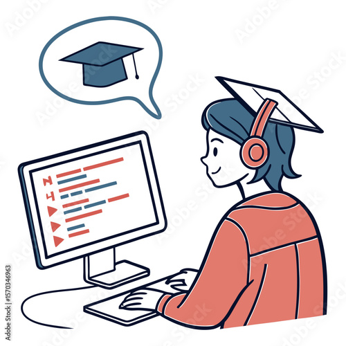 Woman Wearing Headphones and Graduation Cap Uses Computer for Online Education