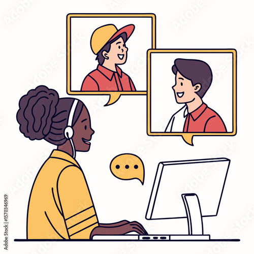 Woman with Headset in Video Conference with Colleagues