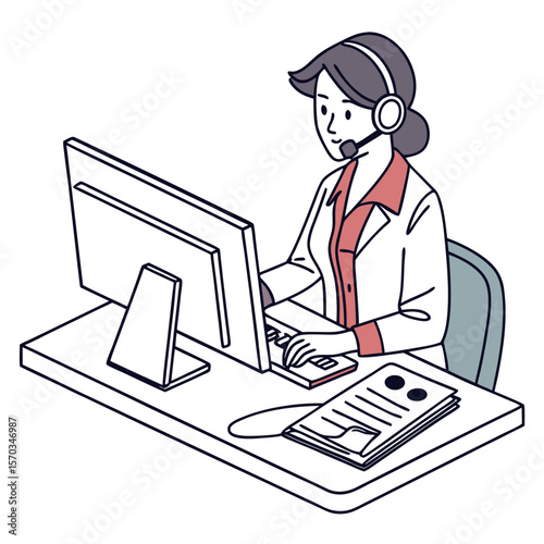 Woman with Headset Working at Computer Desk