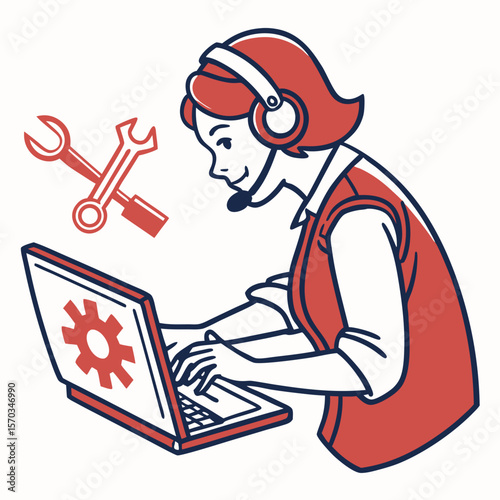 Woman with Headset Using Laptop for Technical Support