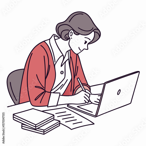 Woman Working at Desk with Laptop and Documents