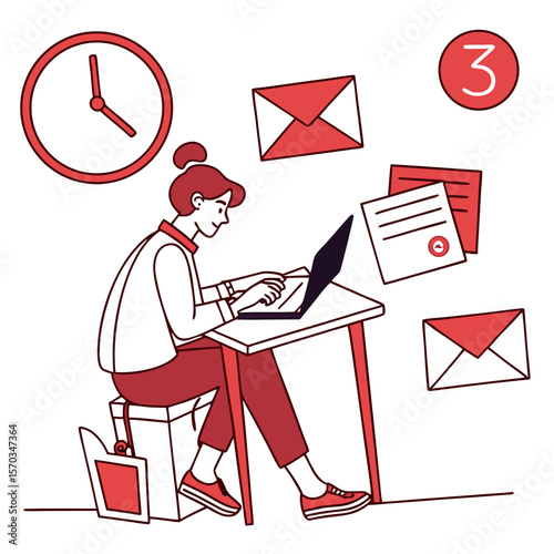 Woman Working on Laptop at Desk with Red Line Art Illustration