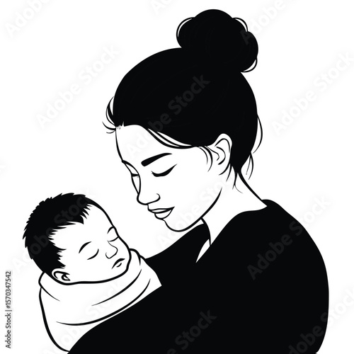 Mother cradling sleeping baby black and white illustration vector