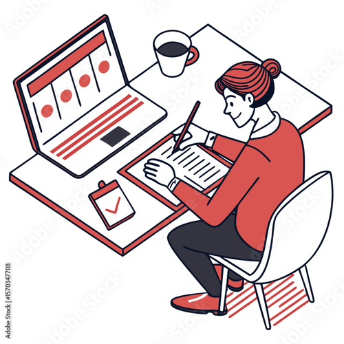 Woman Writing at Desk with Laptop and Checklist