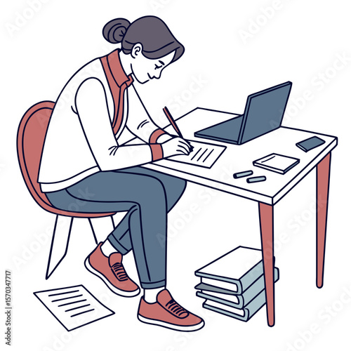 Woman Writing at Desk with Laptop and Books