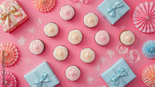 Delightful pastel party scene with gifts and cupcakes