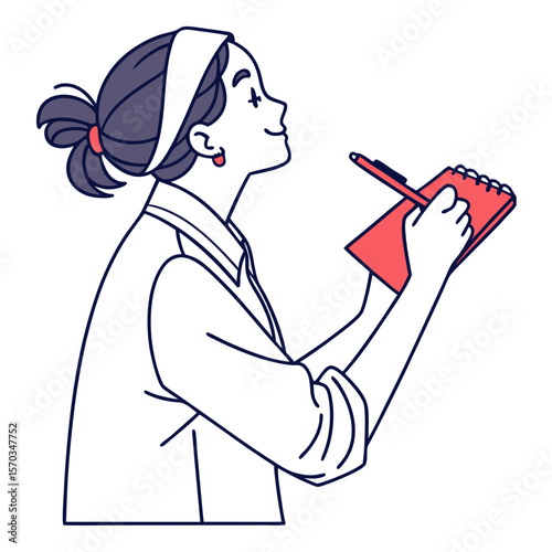 Woman Writing in Notebook, Line Art Illustration