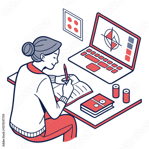 Woman Writing in Notebook at Desk with Laptop and Money